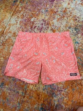 Vineyard Vines Coral Swim Shorts with White & Light Blue Map Motif